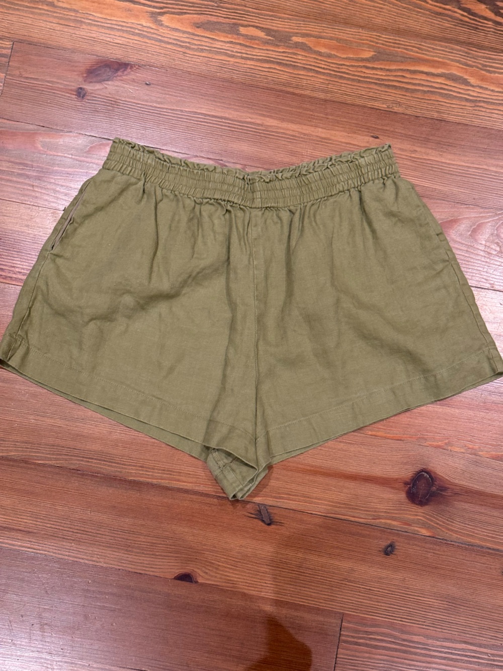 Reformation Olive Green High-Waist Drawstring Shorts